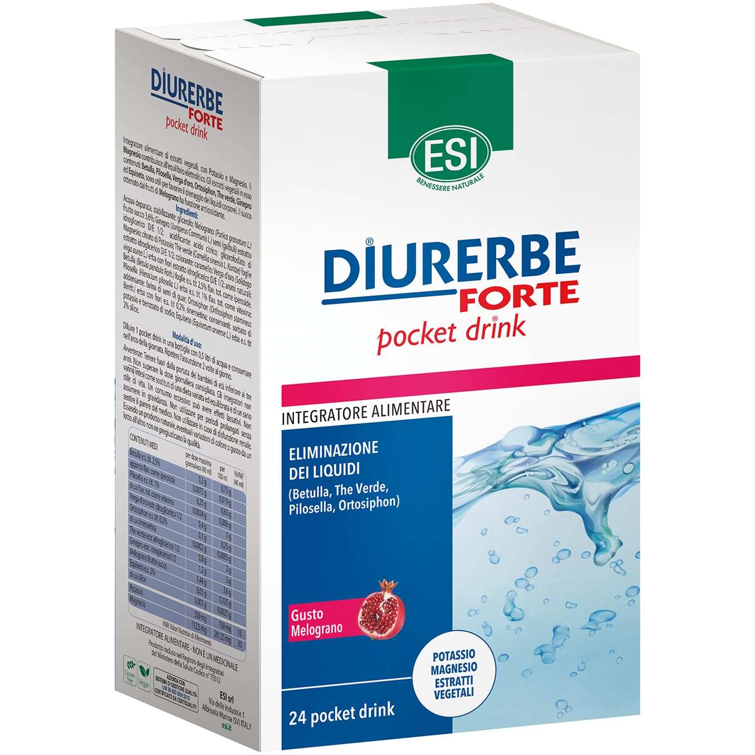 ESI - Diurerbe Forte, Integratore Alimentare a Base di Melograno, Favorisce la Diminuzione del Ristagno di Liquidi e Tossine nel Corpo, Senza Glutine e Vegano, Gusto Melograno, 24 Pocket Drink