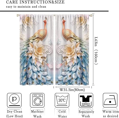 Miniatura 34 de Cortina opaca con estampado de pavo real, con estampado de animales retro, con bolsillo para cortinero y flores de peonía doradas, para dormitorio,