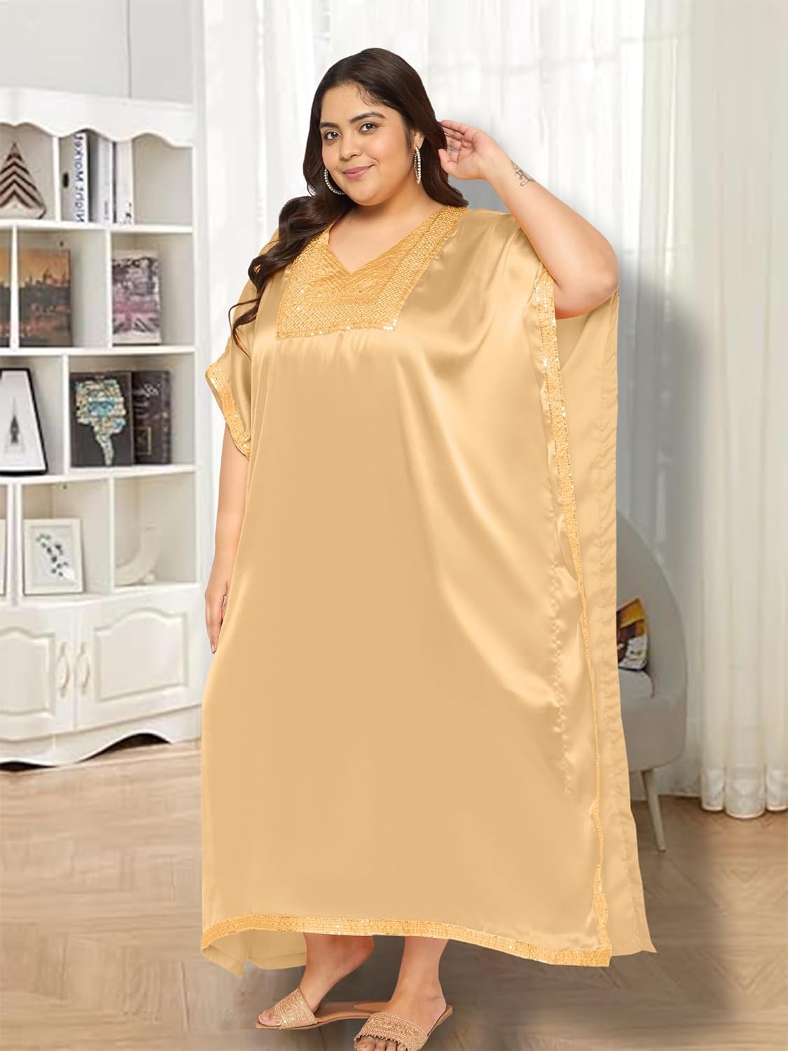 Gypsie Blu Women’s Plus Size Satin Sequin Kaftan Dress with Kimono Sleeves Casual Resort Wear Stylish Loose Fit Evening Dress - Image 2