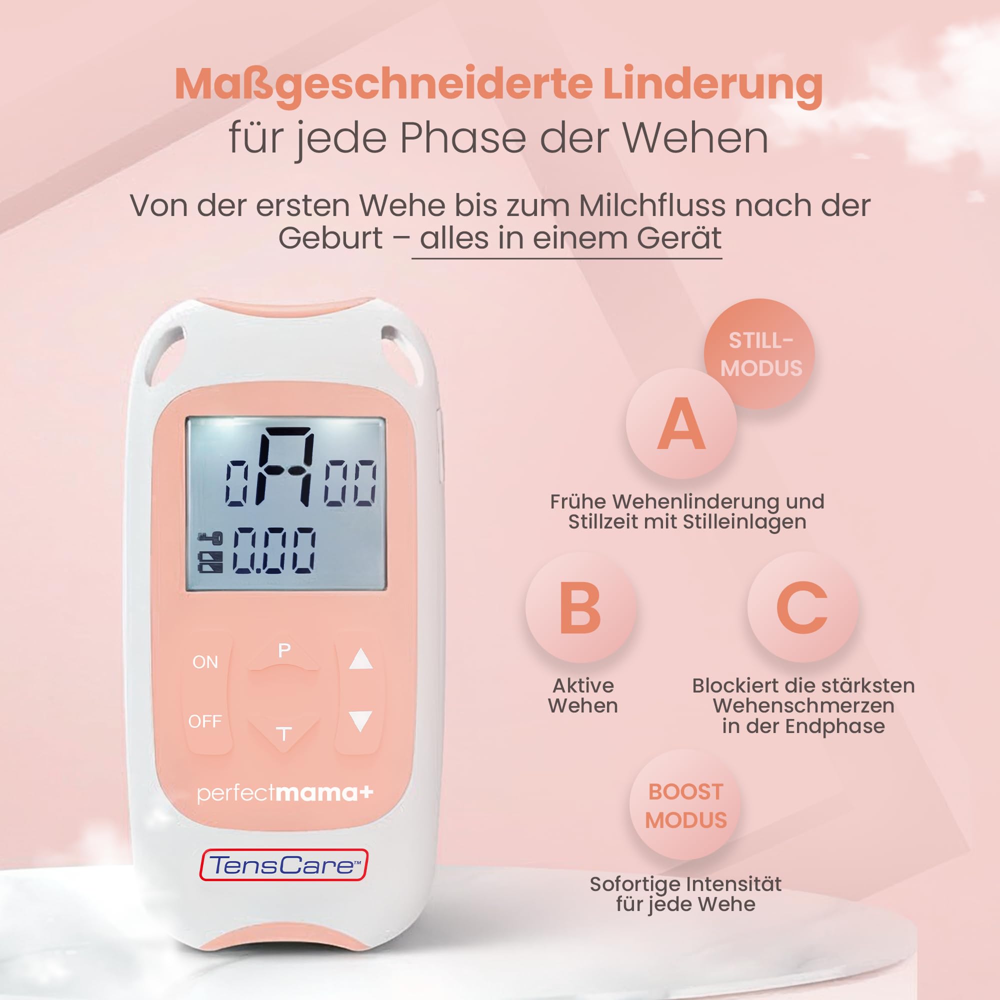 Perfect Mama+ TENS gerät zur Schmerzlinderung während der Geburt, lindern Rückenschmerzen während der Schwangerschaft. Geben Sie Informationen zu Kontraktionszeiten und die Dauer der Wehen.