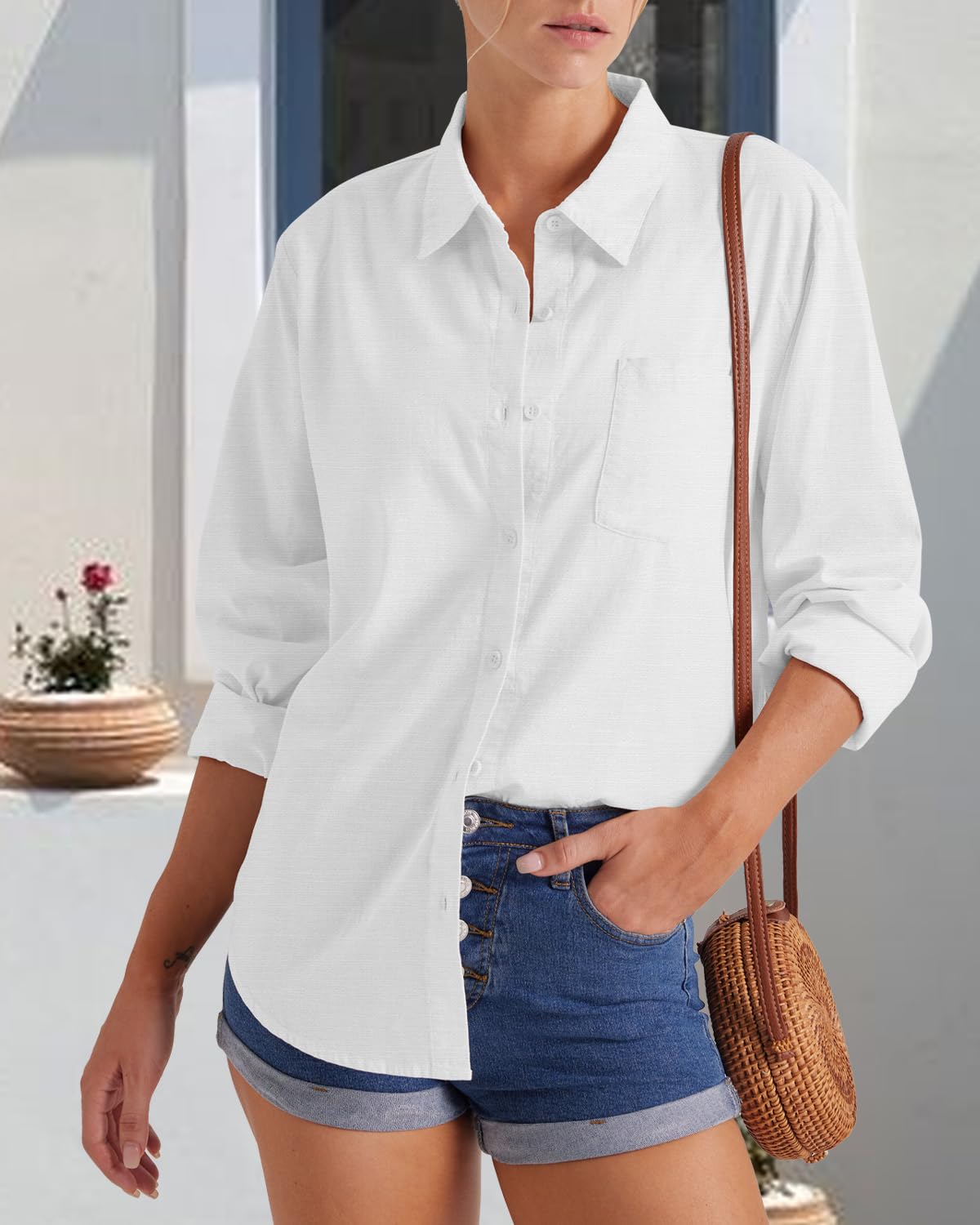 Friptspyg Bluse Damen Lässiges Langarm Hemdbluse Elegant Blusen & Tuniken für Damen V-Ausschnitt 100% Baumwolle Solide Sommer Oberteile mit Tasche