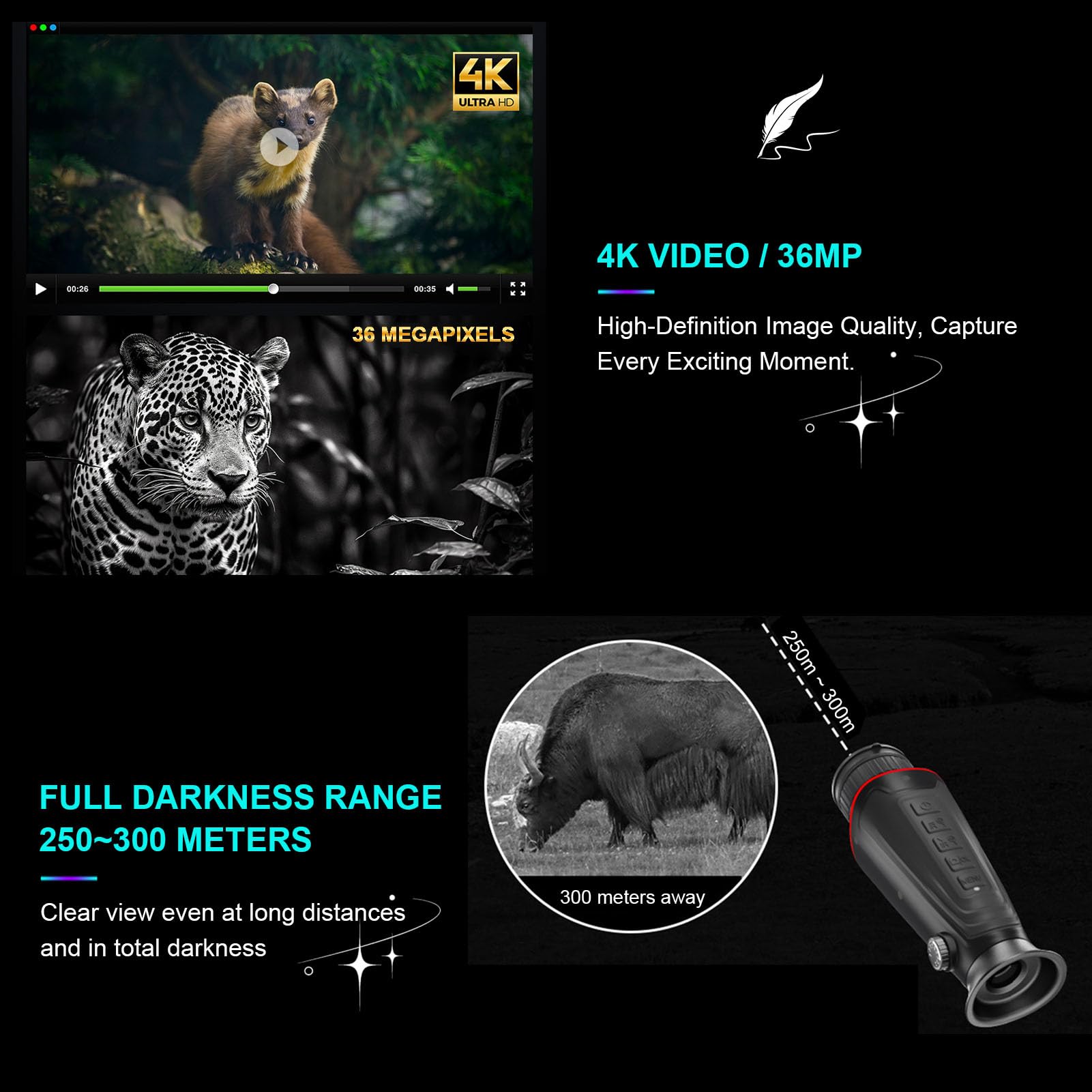 4K Monoculaire Thermique, Lunette Vision Nocturne Chasse, 300m Portée de Détection, Zoom Numérique 8X, 32 Go de RAM pour L'exploration en Extérieur, L'observation de La Faune