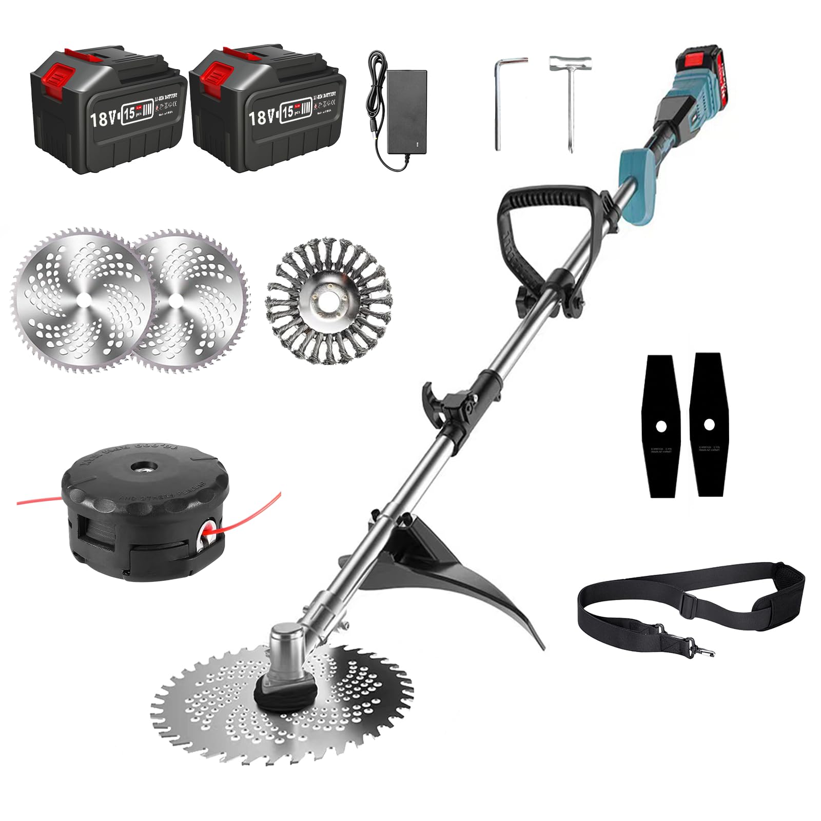 Desbrozadora con batería y cargador, desbrozadora para batería Makita de 18 V (máx. 21 V), desbrozadora, batería de 2 x 4,5 Ah, con cepillo para malas hierbas de 15 cm, motor sin escobillas, para