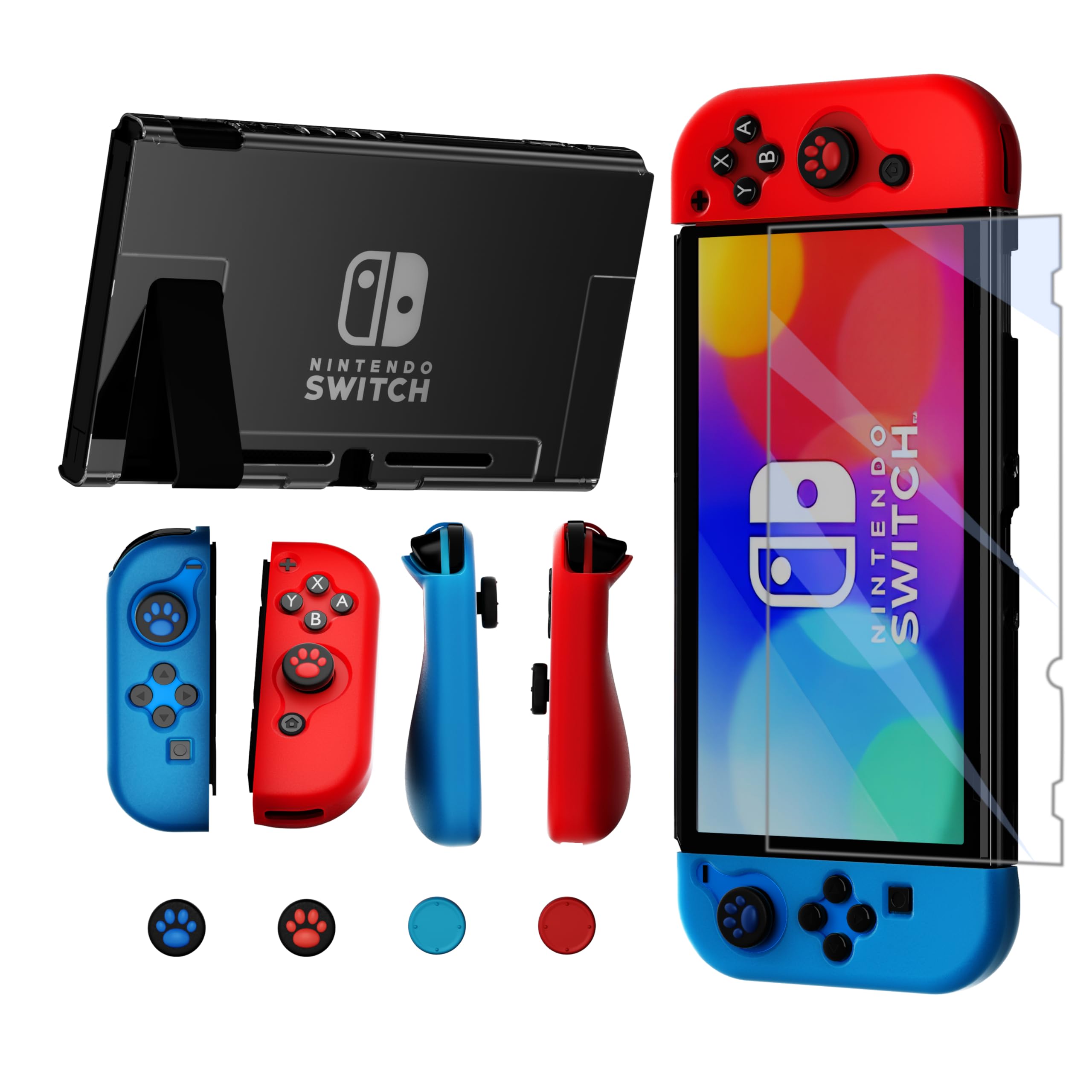 Laehovr Switch Case with Ergonomic TPU JoyCon Case, Transparent PC Back Shell for Nintendo Switch 2017, Dockable Switch Cover Protective Case with Switch Screen Protector, Thumb Stick