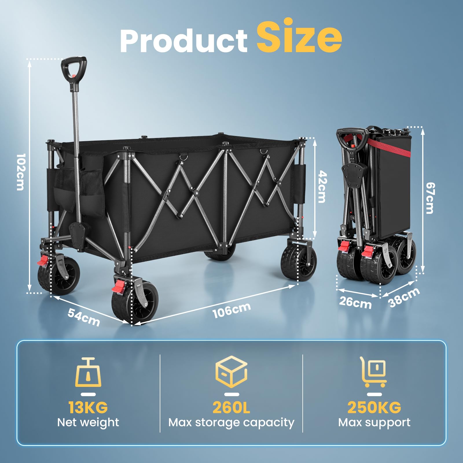 YEAUPE PRO Wózek ręczny składany kompaktowo, koła terenowe – mocny i stabilny do ogrodu, na zewnątrz i do pracy na farmie, pojemność 260 L, nośność 250 kg, Czarny