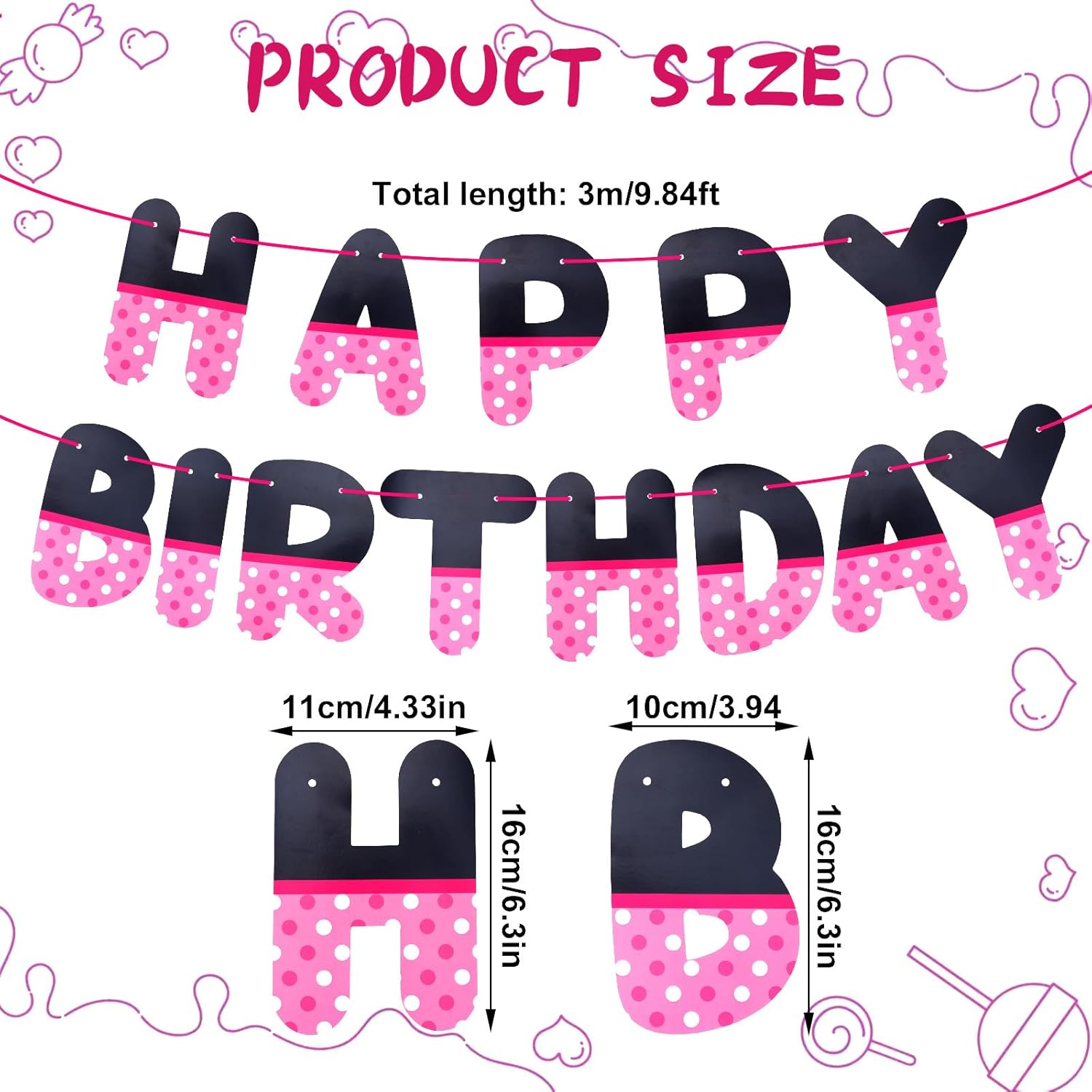 Pink Black Happy Birthday Banner, Cartoon Themed Birth Birthday Party Decorations Letter Hanging Backdrop Garland Photo Prop for Girl Kids Party Favors Supplies Wall Decor - Image 2
