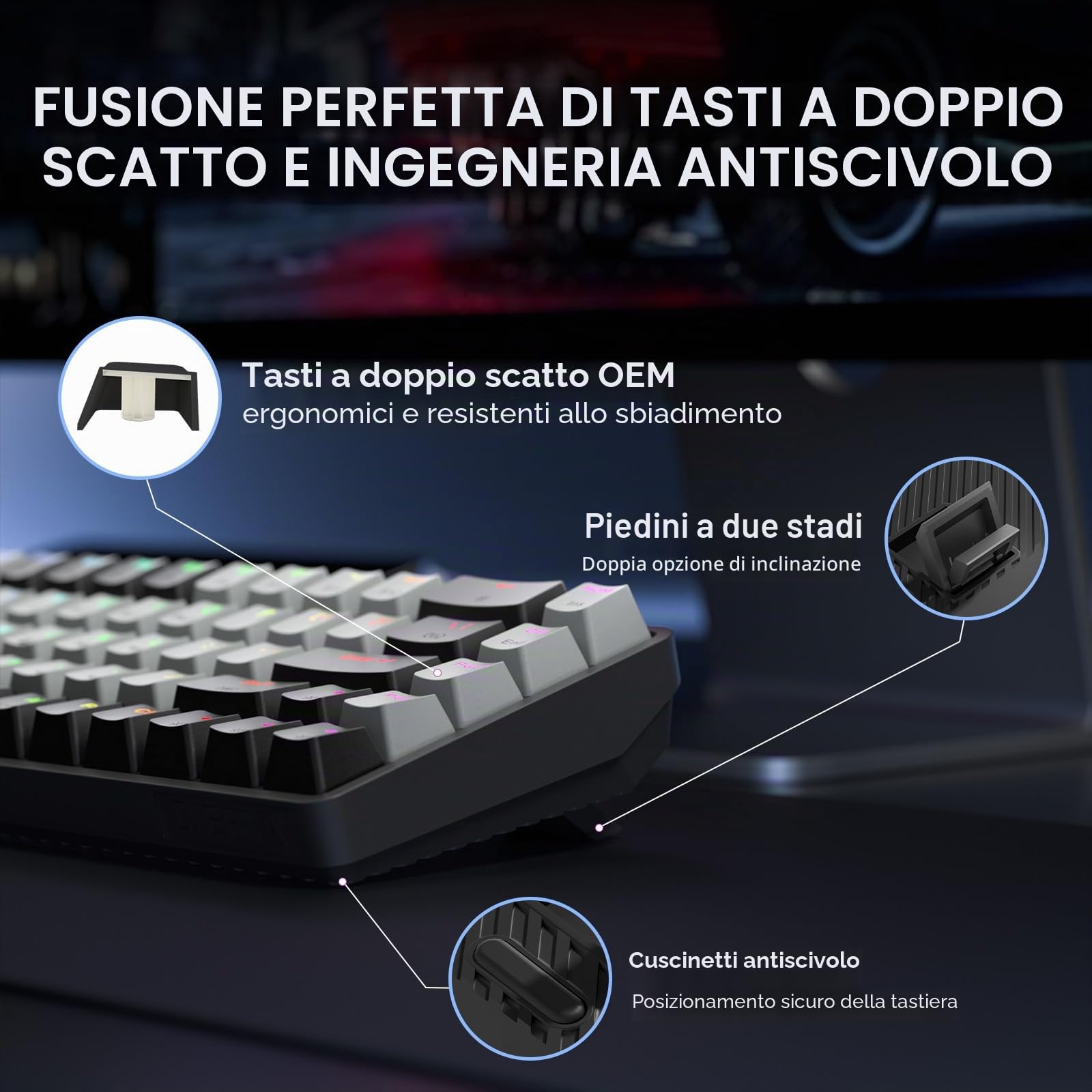 Dierya DK68 Tastiera Gaming Wireless,60% Tastiera Meccanica Bluetooth/2.4G/USB-C RGB,Interruttore Rosso,Double-Shot ABS Keycaps Compatibile con Win/Mac,Grigio nero-A(Layout US,QWERTY)