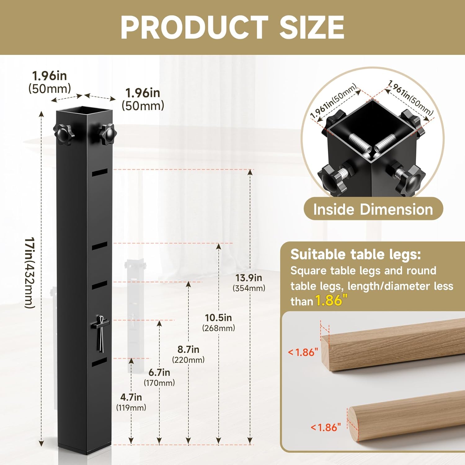 4Pk Square Folding Table Extender - 5 Level Adjustable Folding Table Leg Extensions, Durable Steel Tables Leg Risers for Card/Dining Tables- Innner Diameter 1.86"