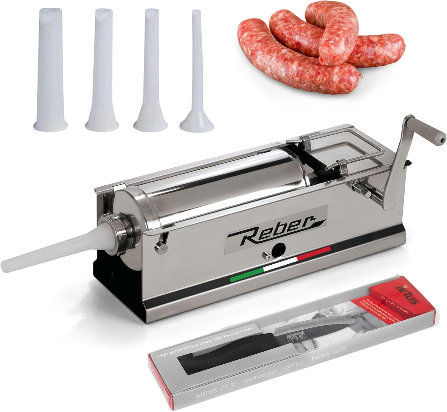 Reber Manual Sausage Stuffer 5L/11 LBS – Horizontal Sausage Maker with 2-Speed System for Home & Commercial Use – Heavy-Duty Stainless Steel Construction – 4 Stuffing Tubes Included – Made in Italy