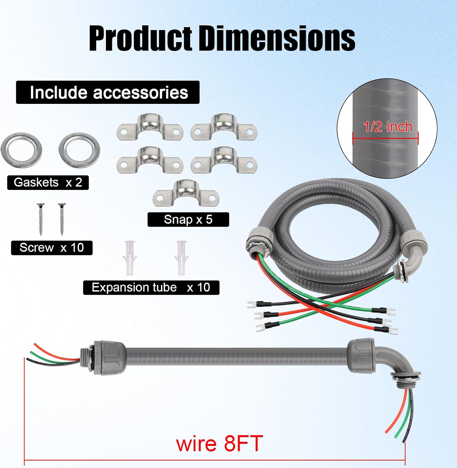 1/2Inch Power Whips Assembly, 8FT Nonmetallic Liquid Tight Flexible Conduit Wire with 3 Conductors 10 Gauge THHN Electrical Wires, A/C Hook-up Whip Kit Electrical Wire(8FTx1/2Inch)
