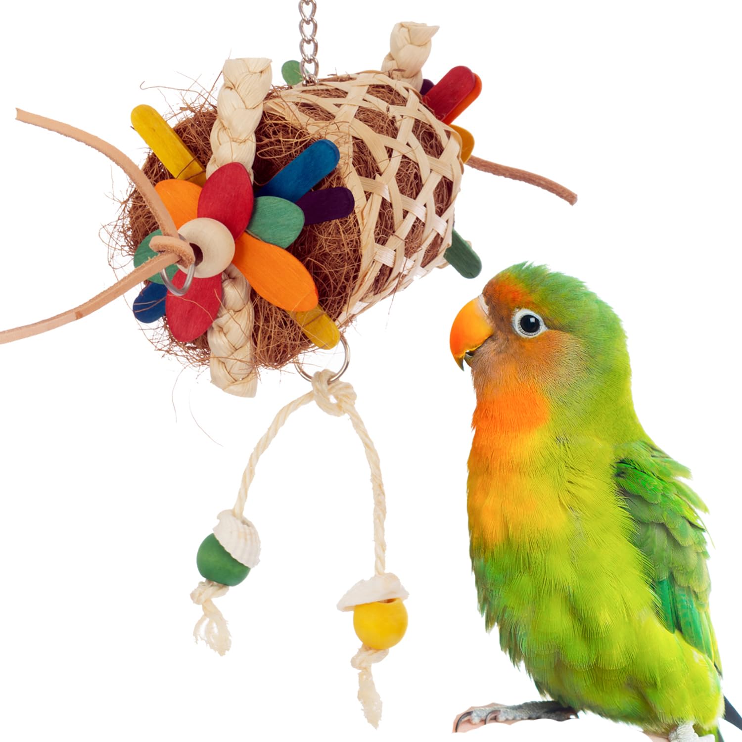 Super Bird Creations SB1226 Sidewinder Bird Toy - Crunchy Bamboo Basket with Coconut Fiber Nest & Colorful Popsicle Sticks - Nesting Sidewinder for Preening - Ideal for Medium Bird Size Parrots