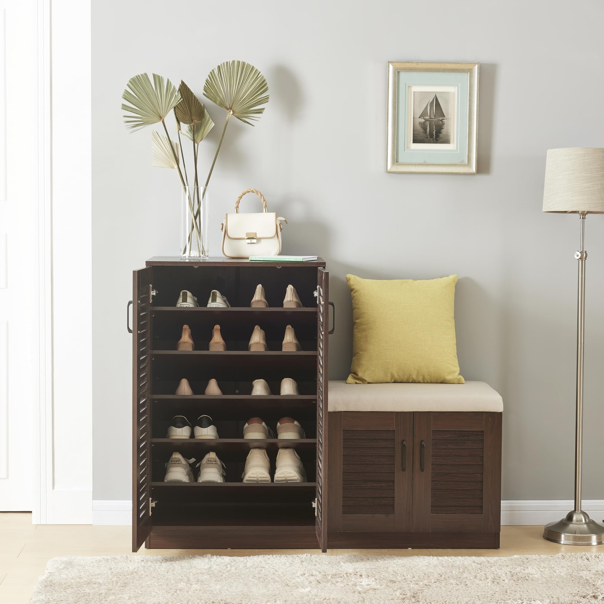 [en.casa] Set di Armadio Scarpiera e Panca Contenitore con Seduta Imbottita Mobile Portascarpe Ante a Persiana e Ripiani Inclinati 97 x 120 x 36 cm MDF Wengè