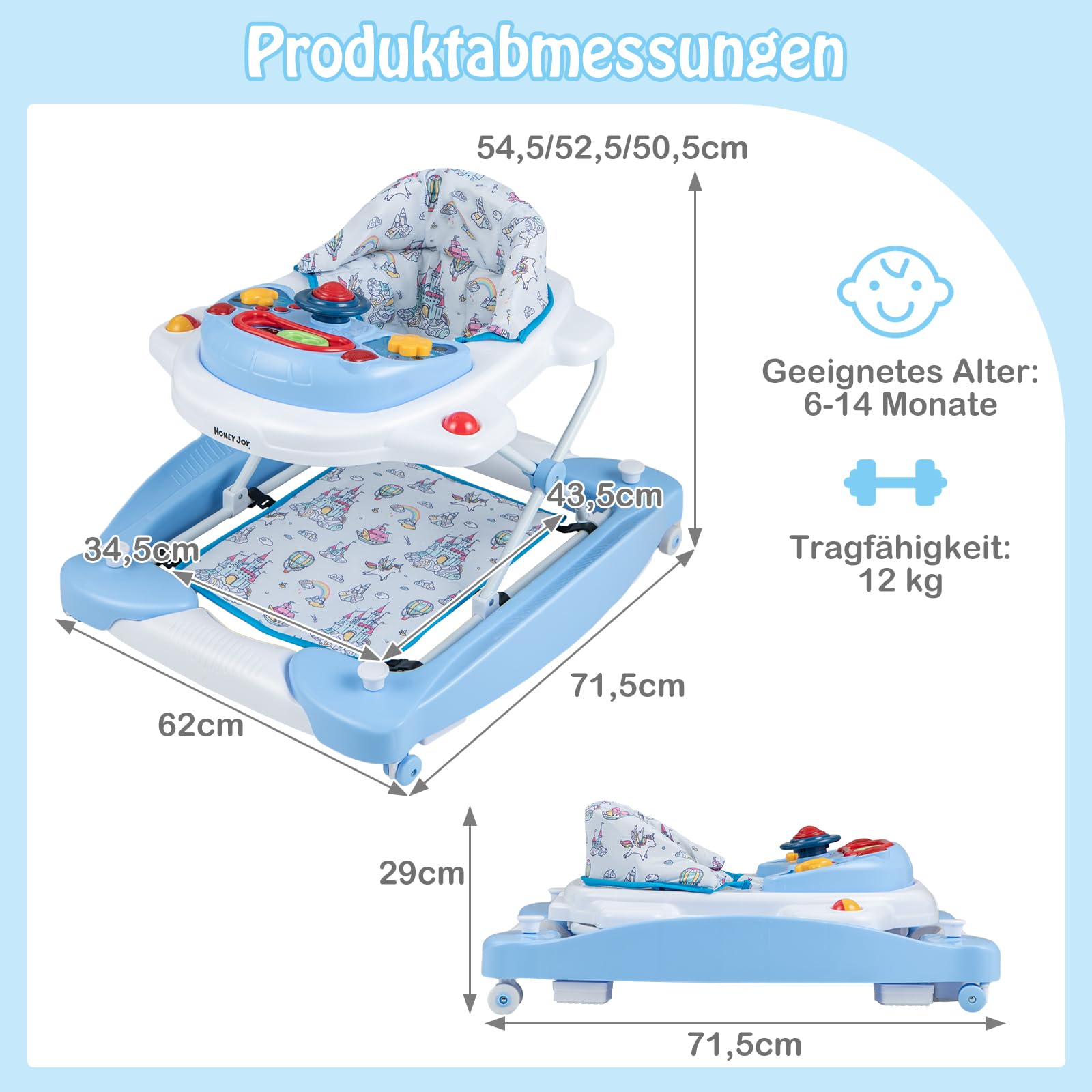 GOPLUS 6 in 1 Lauflernwagen, Lauflernhilfe faltbar mit Rädern, Baby Walker mit Fußkissen, Lichtern, Musik, Spielzeug & 3 verstellbare Höhen, Gehfrei für Baby ab 6 Monate, belastbar bis 12KG (Blau)