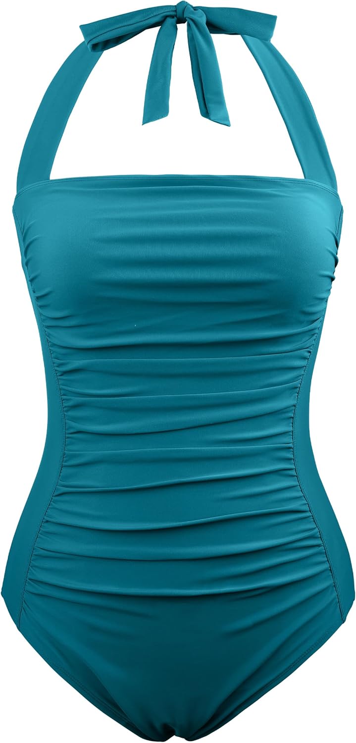 Women's One Piece Swimsuits Tummy Control Halter Bathing Suits Vintage Ruched Slimming Monokini Swimwear - Image 4