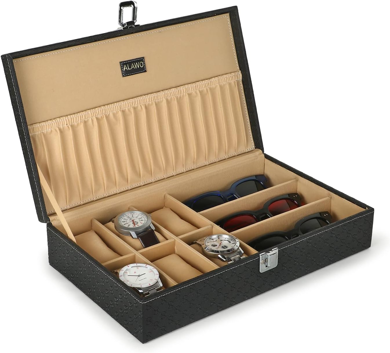 ALAWO Watch Box Organizer and Sunglasses Case Holder with 6 Slots for Watches and 3 Slots for Sunglasses Black in color