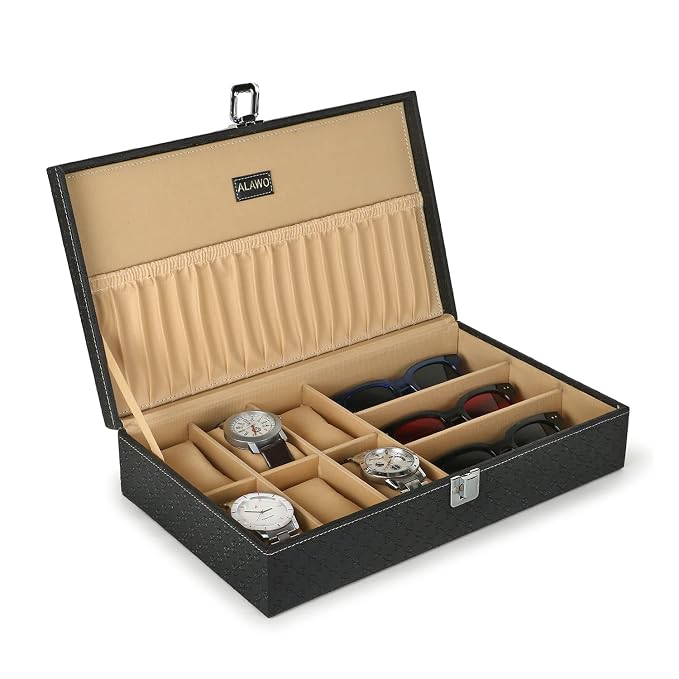 ALAWO Watch Box Organizer and Sunglasses Case Holder with 6 Slots for Watches and 3 Slots for Sunglasses Black in color price history chart and lowest price