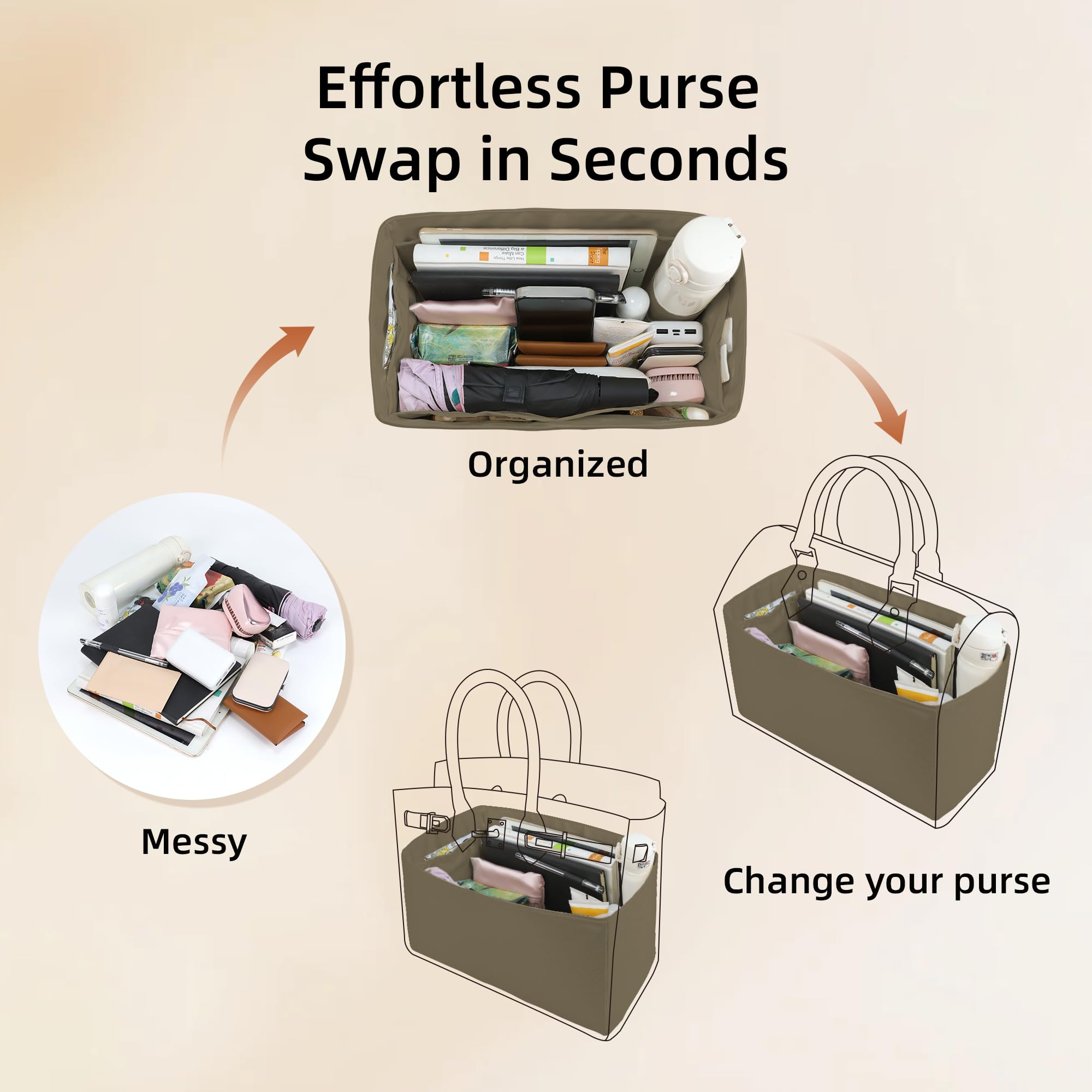 Organizzatore per borse. Design multitascabile, pieghevole, realizzato a mano in nylon e raso, setoso e liscio, può essere utilizzato per molte borse (XL-Etoupe grigio)