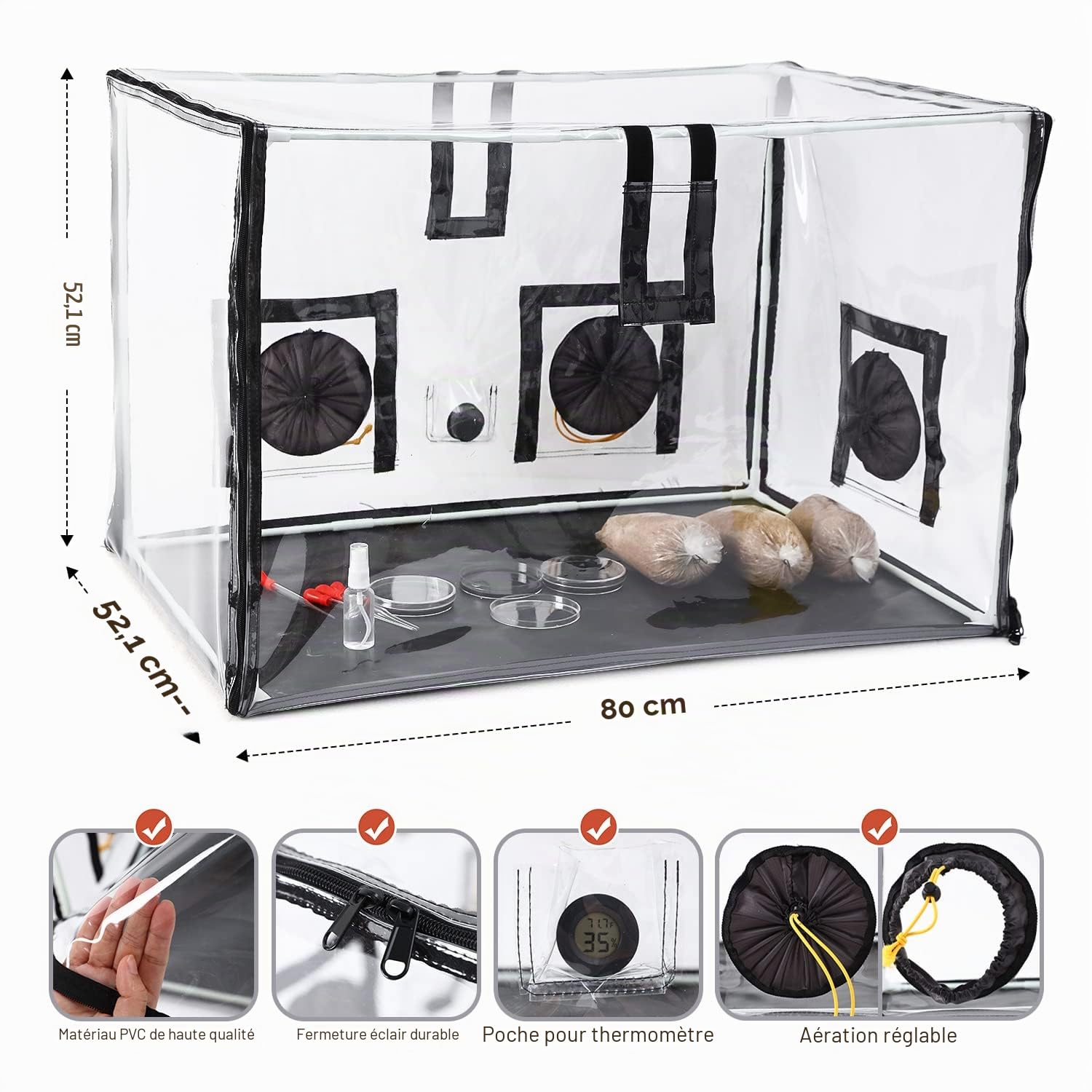 Grande boîte à air silencieuse Mushroom Mycologie Fume Hood Propagation StationsGrow Kit Champignon Grow Bags Votre Monotub Kit Champignon Plantes BagTent pour les spores Fournitures d'horticulture