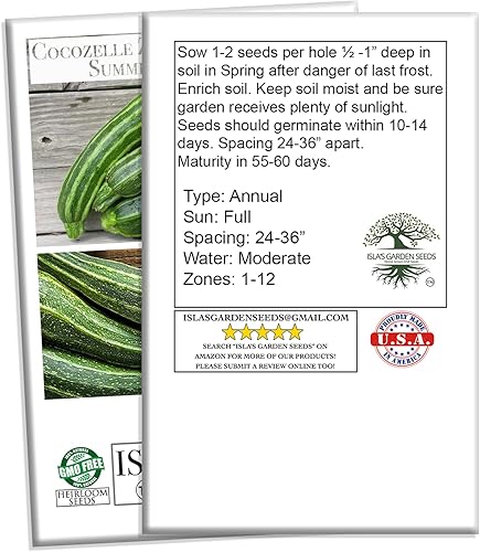 Miniatura 5 de Cocozelle Semillas de calabaza de verano de calabacín, más de 50 semillas tradicionales sin OMG de Isla's Garden Seeds, variedad de alto