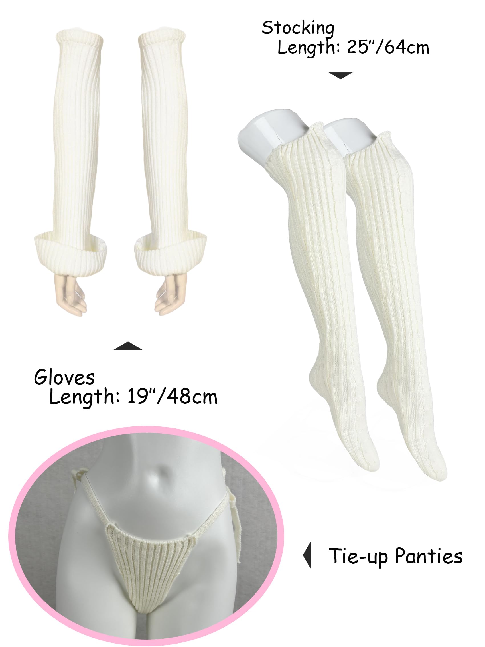 paloli Women's White Knit Sweater Lingerie Set - Halter Crop Top with Garter Design, Matching Tie-Up Panties, Stockings, and Arm Warmers - Sexy Cosplay & Party Outfit