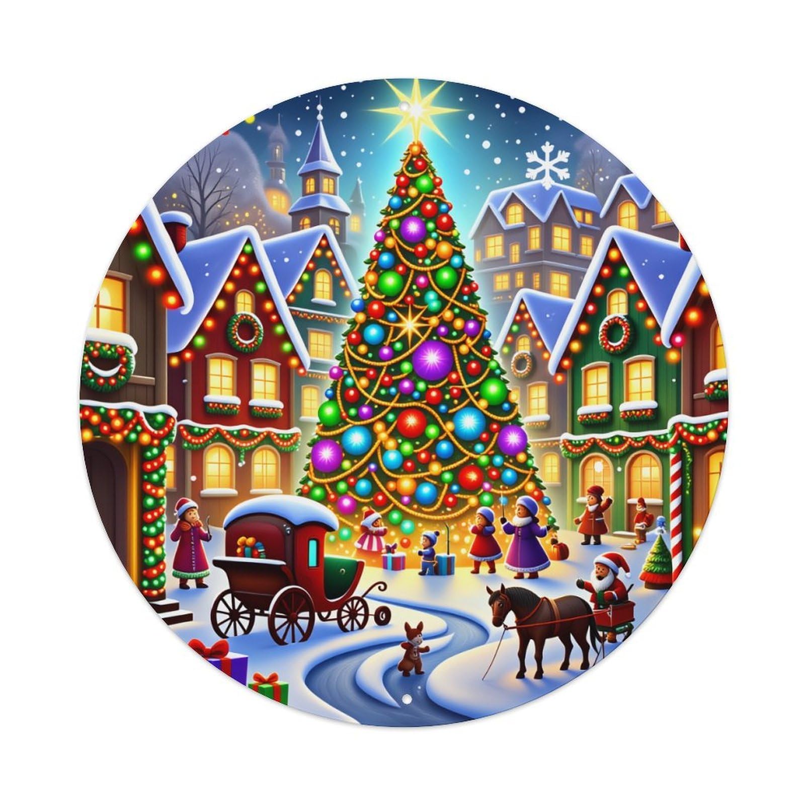 Christmas Tree Village Scene Round Tin Sign Vintage Style Metal Sign Home Bar Garden Wall Plaque Decor Metal Poster 8x8 Inch