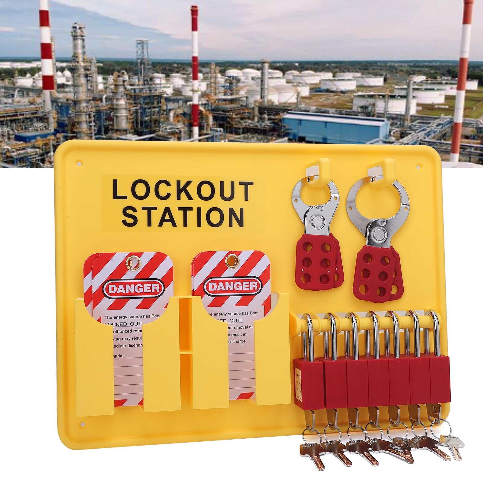 banapoy Kit de Estación Bloqueo y Etiquetado Loto Devices, Juego Tablero Bloqueo Seguridad Industrial Montaje en Pared con 10 Etiquetas, 2 Cerrojos, Tablero Kit y Etiquetado
