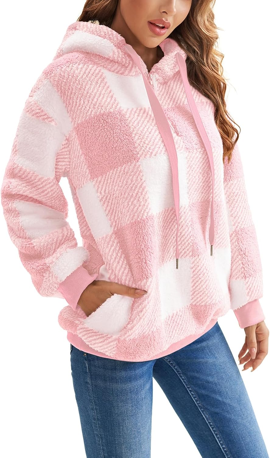 Nirovien Womens Sherpa Pullover Oversized Fuzzy Hoodie Double Fleece Sweatshirts Fluffy Plaid Outerwear Warm Coats - Image 5