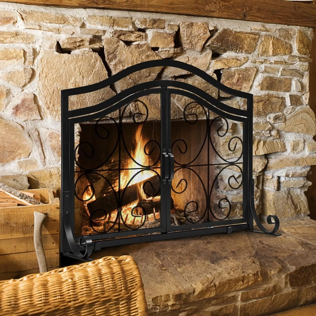 Fireplace Screens Home Two-Doors Flat Guard Fireplace Screen Mid-Century W/Hinged Magnetic Black Fireplace Screen Flat Fireplace Screens Decorative Feito na China