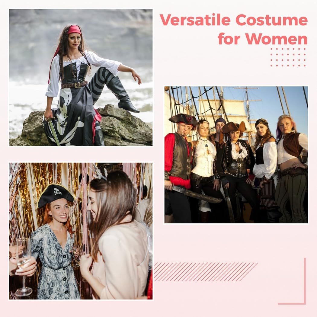 5 costumi da pirata da donna, camicetta medievale con spalle scoperte con corsetto e cintura in vita, collana con cappello da pirata, camicia rinascimentale, costume per Halloween e cosplay