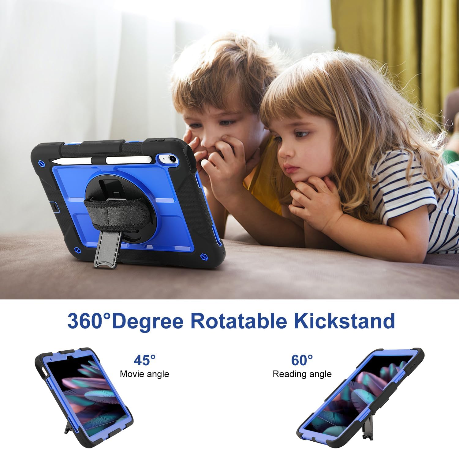 for iPad (A16) 11th Generation case11''(2025)/10th Generation case 10.9'' (2022),360°Rotatable Stand with [Screen Protector&Pencil Holder&Shoulder Strap] Shockproof Case (Black+Blue)