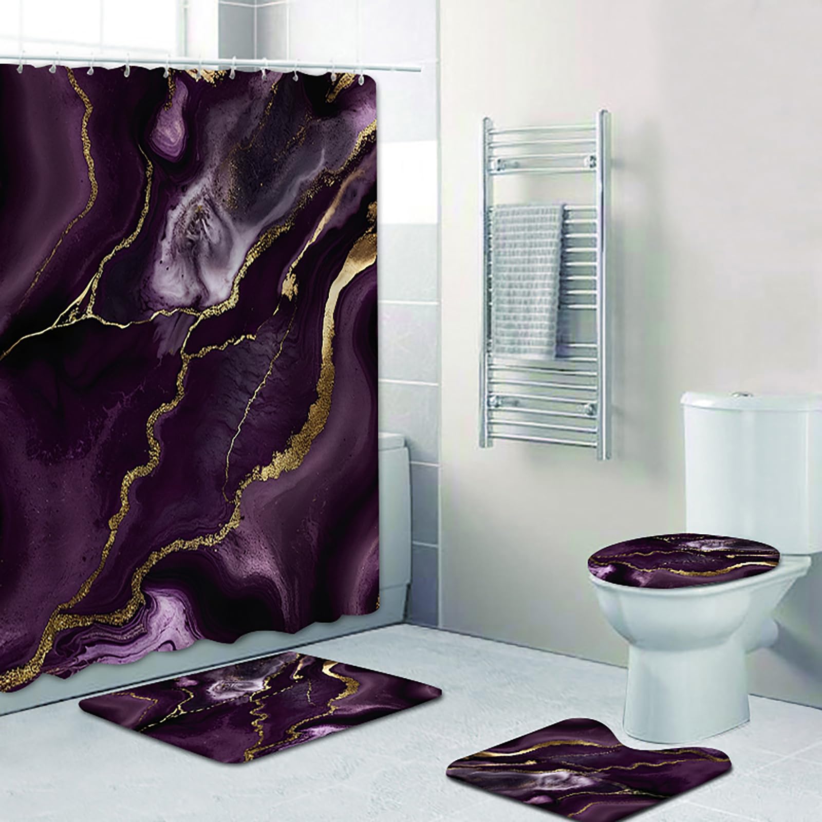 NEWSUYAA Dark Purple Marble Shower Curtain with Bath Rugs Bathroom Sets, 4 Pcs Marble Patterns with Gold Lines Bath Décor Includes Toilet Seat Cover U-Shape Mat Absorbent Carpets,