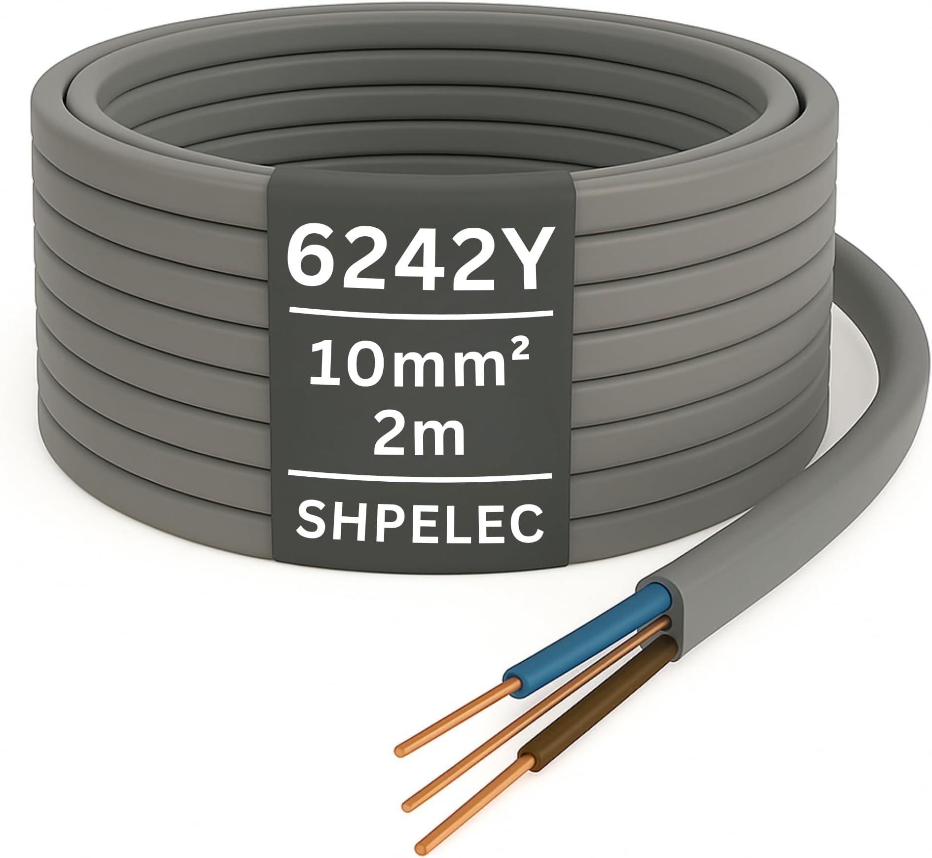 SHPELEC® Electrical Grey Twin and Earth 6242Y Cable - 10mm Mains Socket Ring Twin and Earth 6242Y Cable (10mm, 2m)
