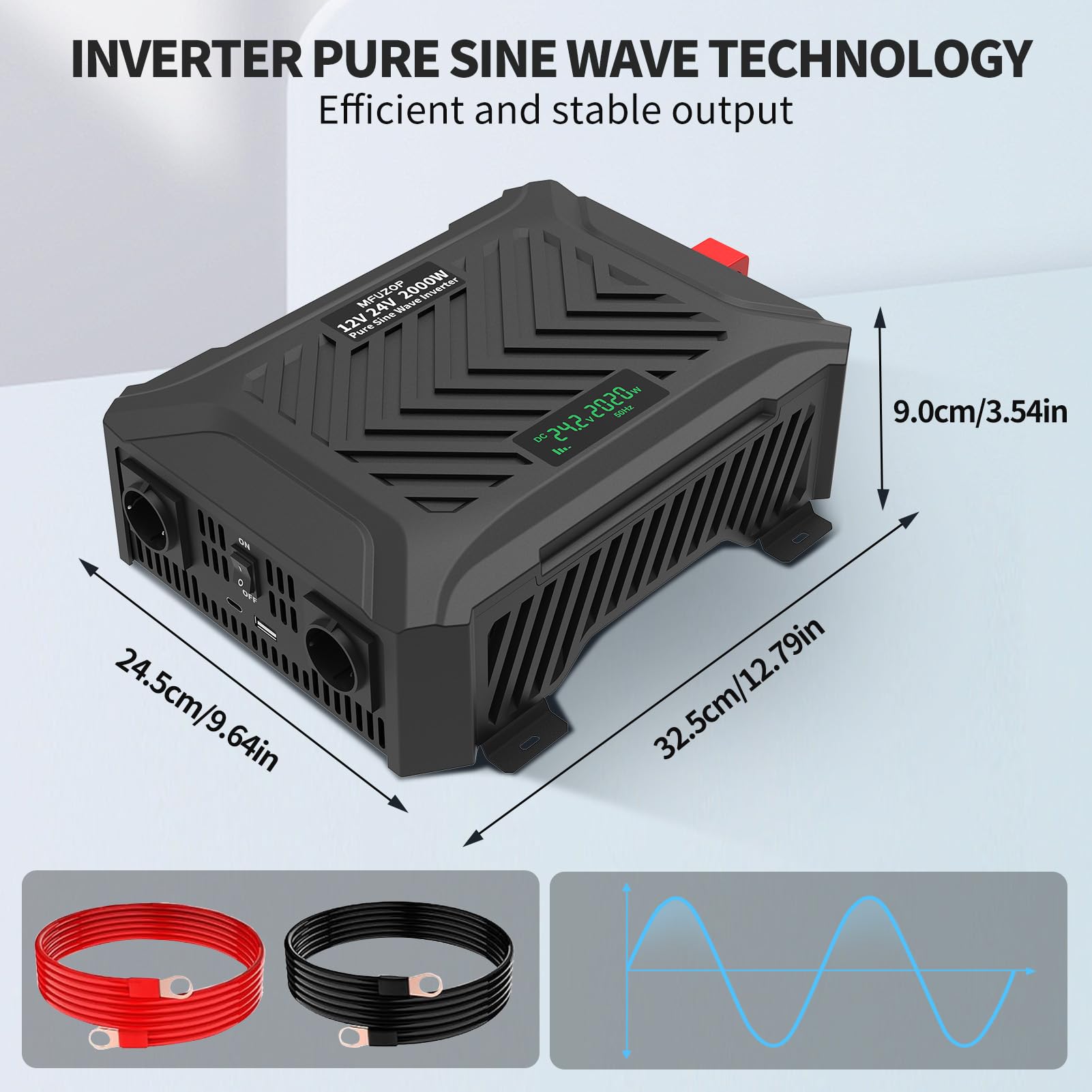 Convertisseur Dual-Voltage 12V/24V vers 220V à Pur Sinus 2000W, Détection Automatique de Tension, Transformateur Puissance Crête 4000W, 2 Prises Européennes, USB-C et USB-A écran LCD