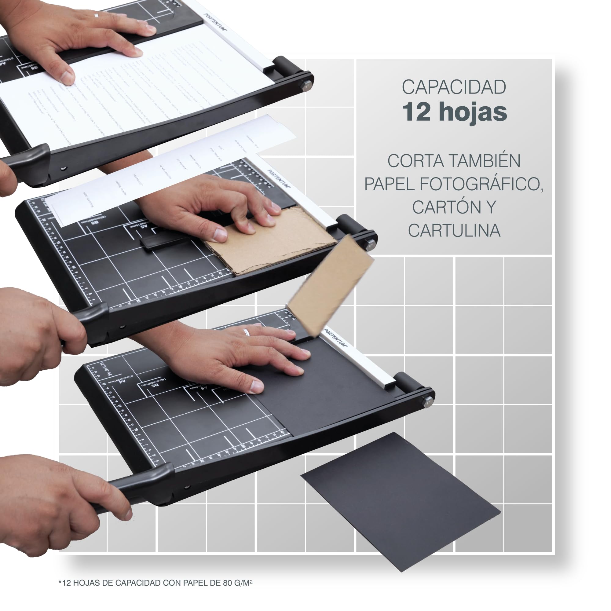 PORTENTUM Guillotina de papel A4 con escuadra magnética ajustable y base antideslizante – Cizalla precisión con seguro de brazo y guías impresas – Cortador compatible A4, A5, B5, B6 y B7 – 12 hojas