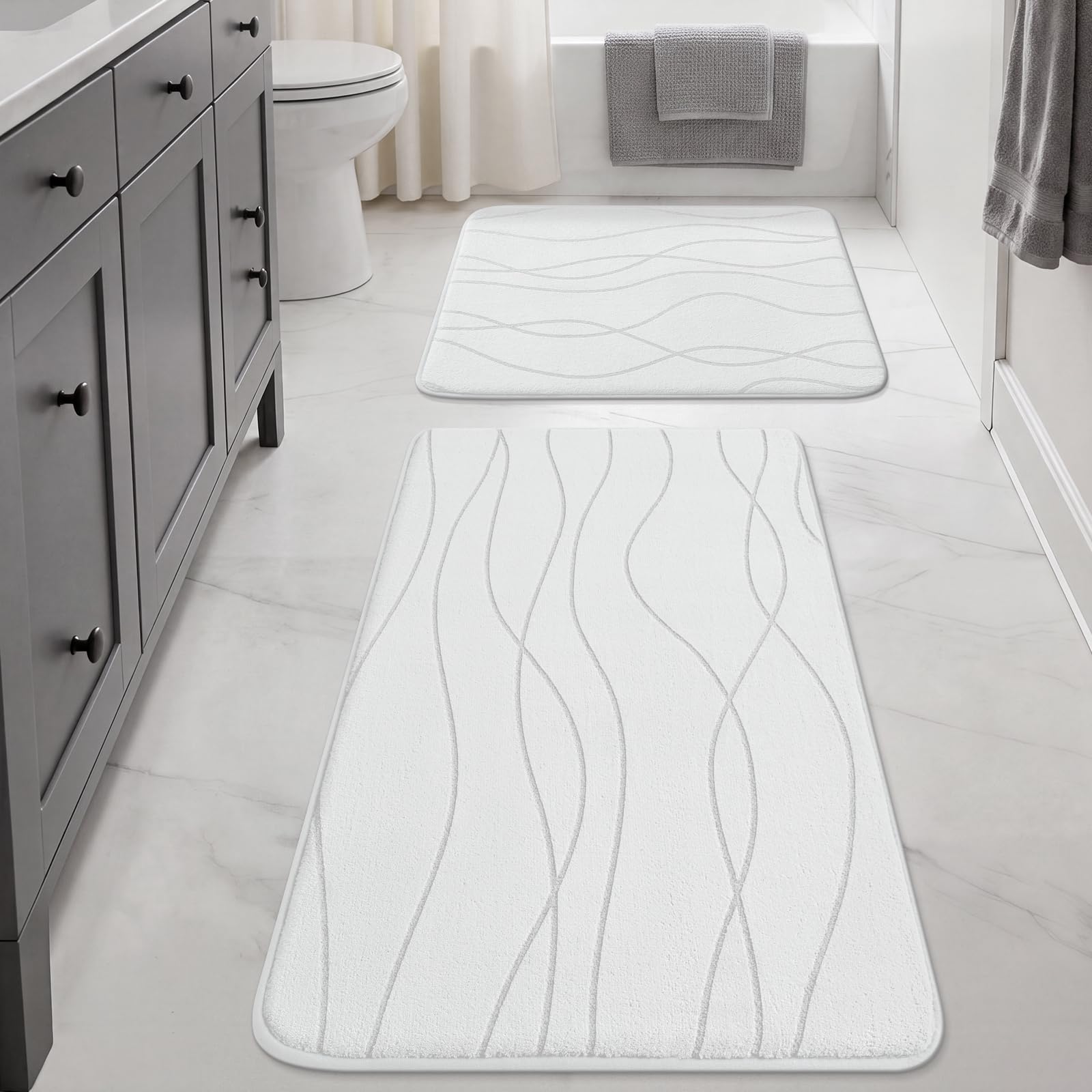 YIHOUSE Bathroom Rugs Set 2 Piece, Memory Foam Bath Mat White