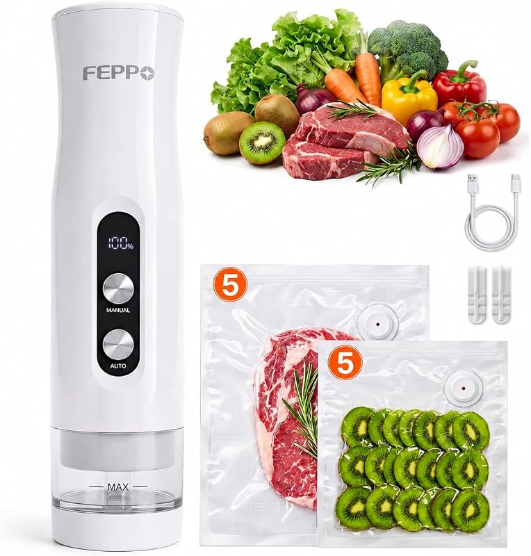 Sellador al vacío compacto para alimentos (máquina selladora al vacío + 10 bolsas de vacío reutilizables), potente sellador de alimentos portátil antidesbordamiento, modos automático y manual, bloqueo de viaje, fácil de limpiar