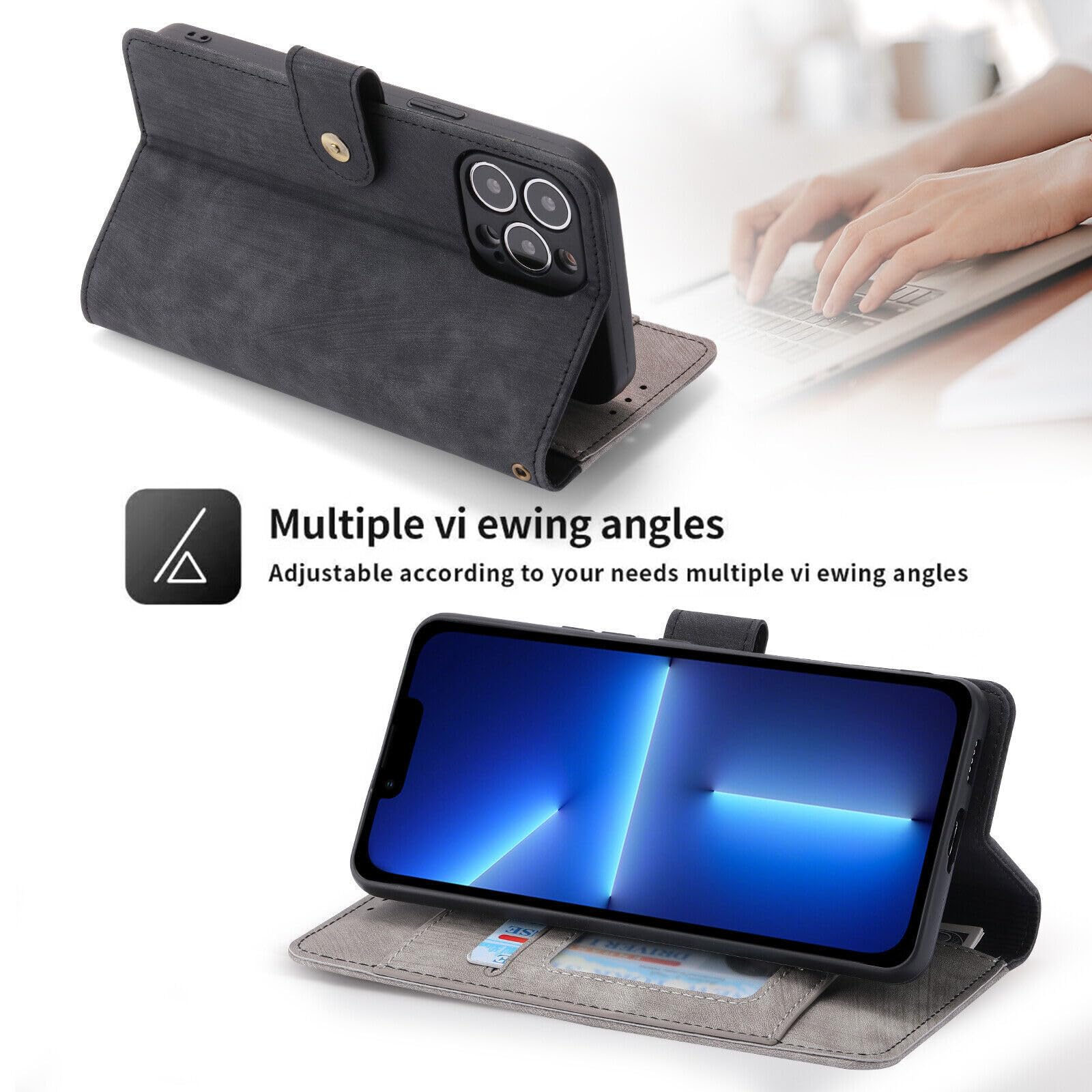 Generic etui kompatybilne z iPhone 15 PRO MAX (kolor: czarny/szary) stylowy skórzany portfel magnetyczne etui z klapką z uchwytem na karty