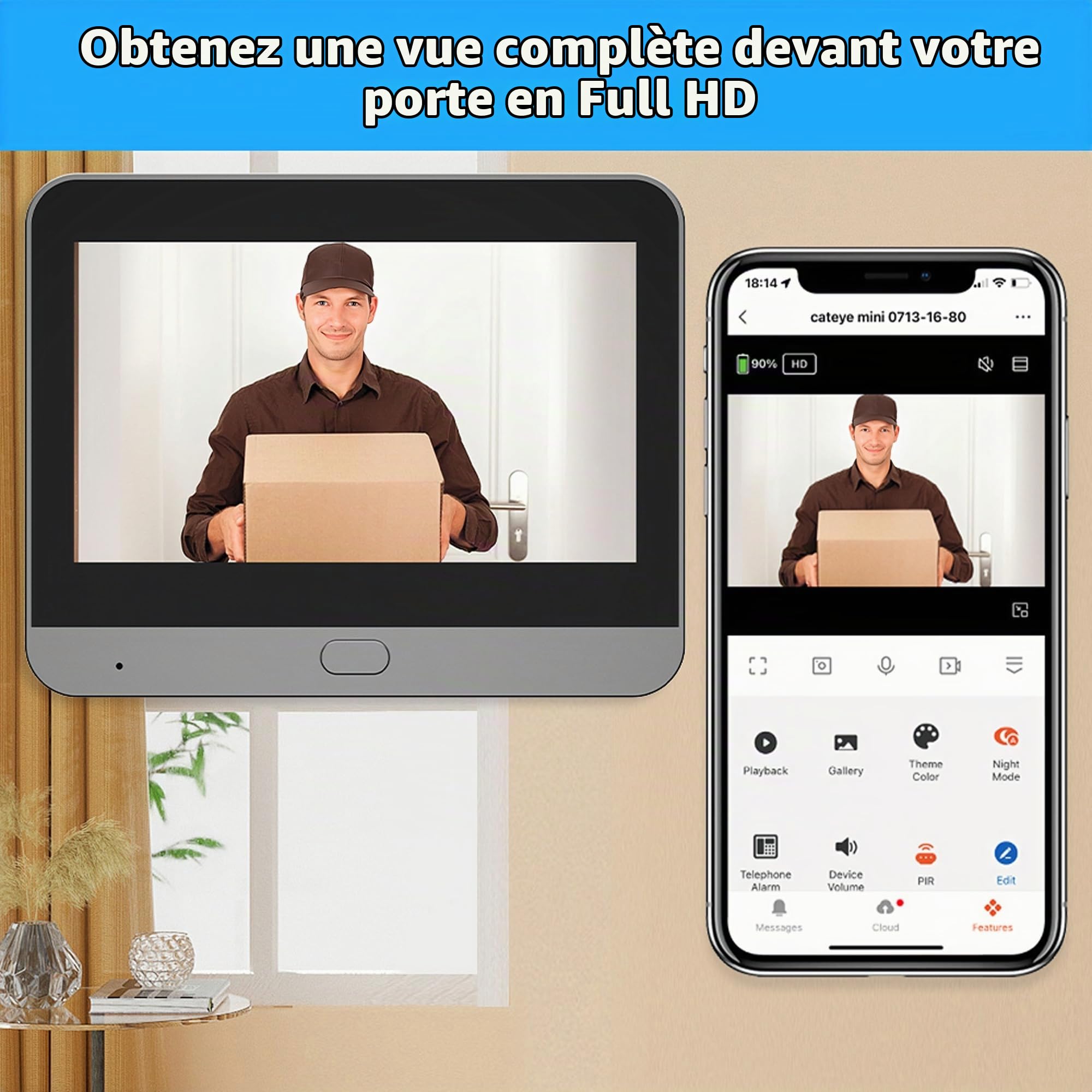 Bewinner Système de Sonnette Vidéo sans Fil, Visionneuse de Judas de Porte WiFi, Caméra 1080P, Caméra de Sonnette Vidéo de 4,3 Pouces, Visionneuse de Porte Numérique avec Détection de