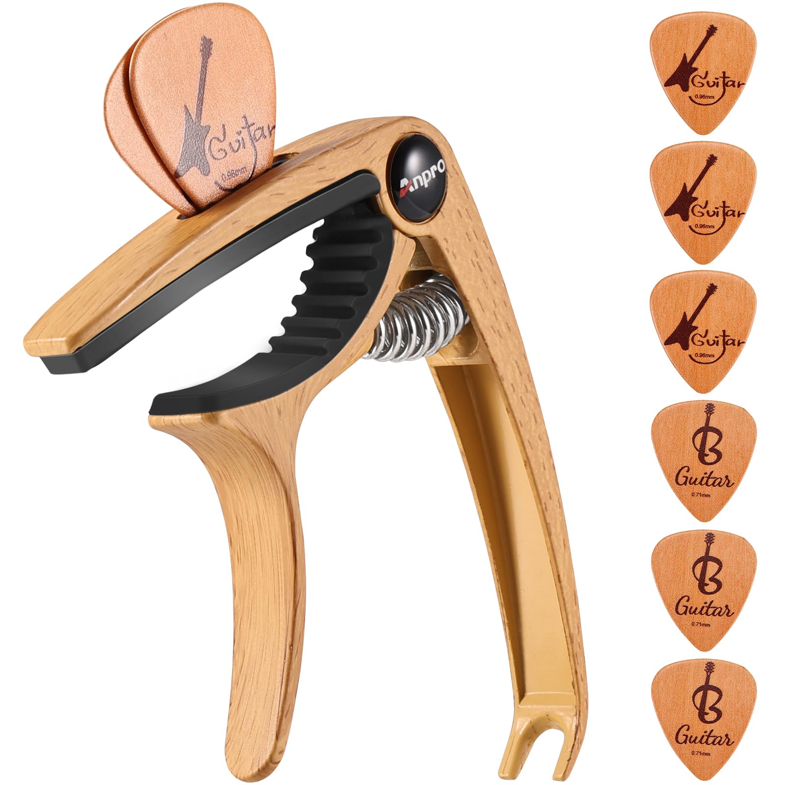 Anpro Kapodaster gitarowy, z uchwytem na kostki i 4 kostkami do gitary akustycznej i elektrycznej, ukulele, mandoliny i banjo, kolor naturalnego drewna