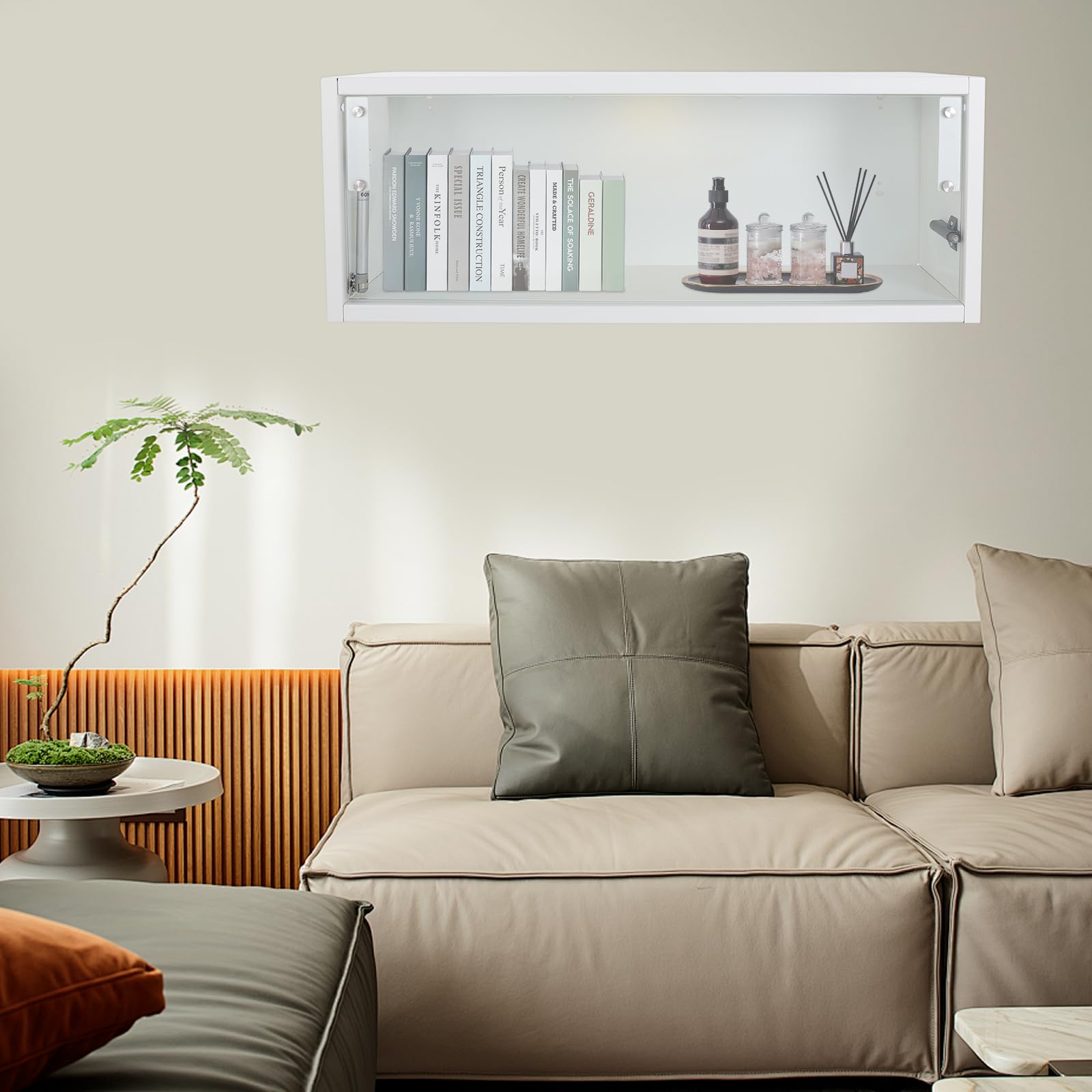 Wandschrank Aufbewahrungsschrank mit LED Licht Wandregal Hängeschrank mit Temperglas Tür Küchenschrank mit USB Ladefunktion für Küche Wohnzimmer Schlafzimmer Wandmontage Stauraum (Weiß, 80*18*30cm)