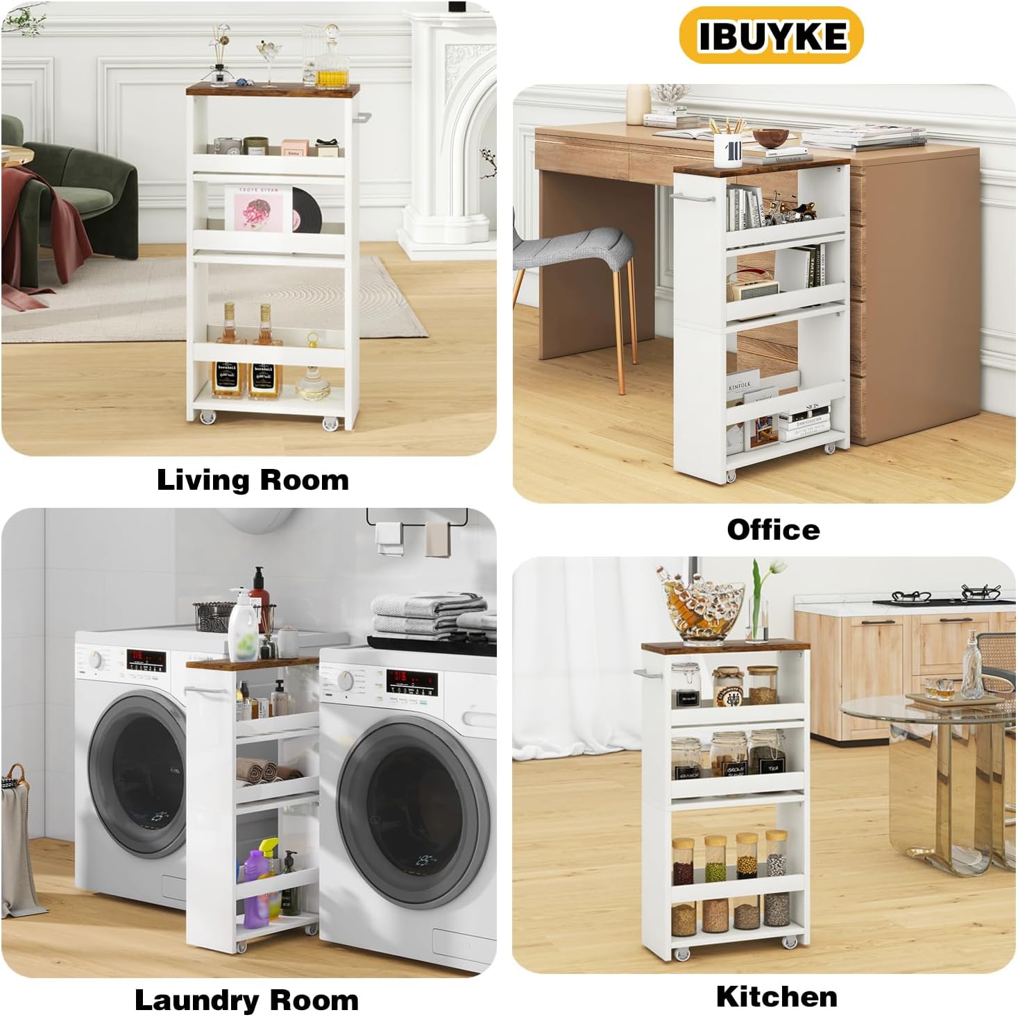 IBUYKE Slim Storage Cart 5.9" W, Rolling Organizer Trolley for Small Spaces, 4-Tier Laundry Cart with Handle, Slide Out Utility Cart for Kitchen, Living Room, Laundry,Narrow Places,White WST005W - Image 8