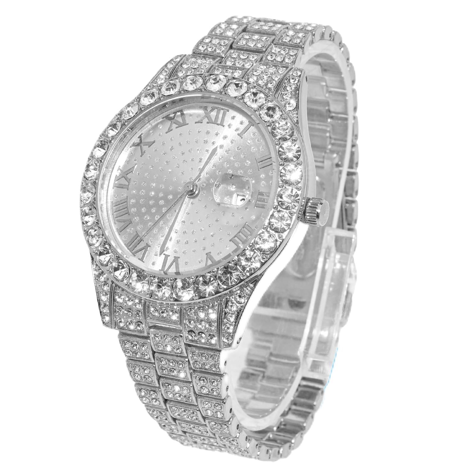 Diamonds Gold Watch - THE LUXE - Men's Iced Out18K Real Gold/Platinum White Gold Plated 42MM Width Round Dial Quartz Wristband 9.5" with Cuban Link Chain 8"+18" Necklace Bracelet,Free Giftbox