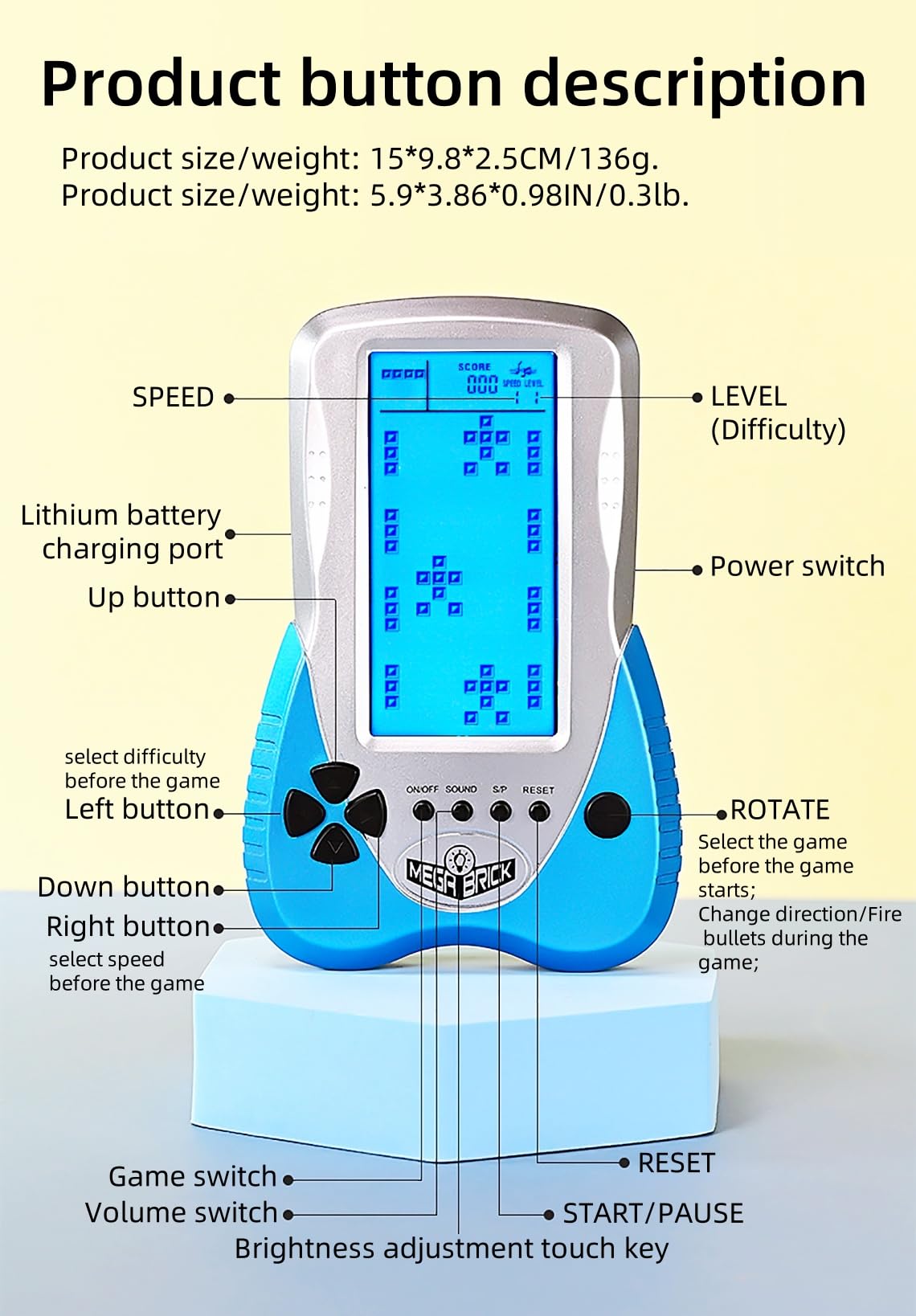 Console de Jeux Block Jeux de Réflexion Intégrés Double Mode d'alimentation Rétroéclairage Bleu Batterie puissante Jeux électroniques Portables Jouet Rétro Nostalgique/Cadeau de Noël (Bleu)