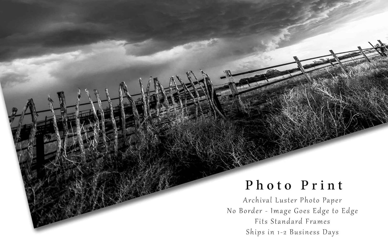 Western Photography Print (Not Framed) Black and White Picture of Storm Over Old Wooden Fence in Oklahoma Thunderstorm Wall Art Country Decor (20" x 30")