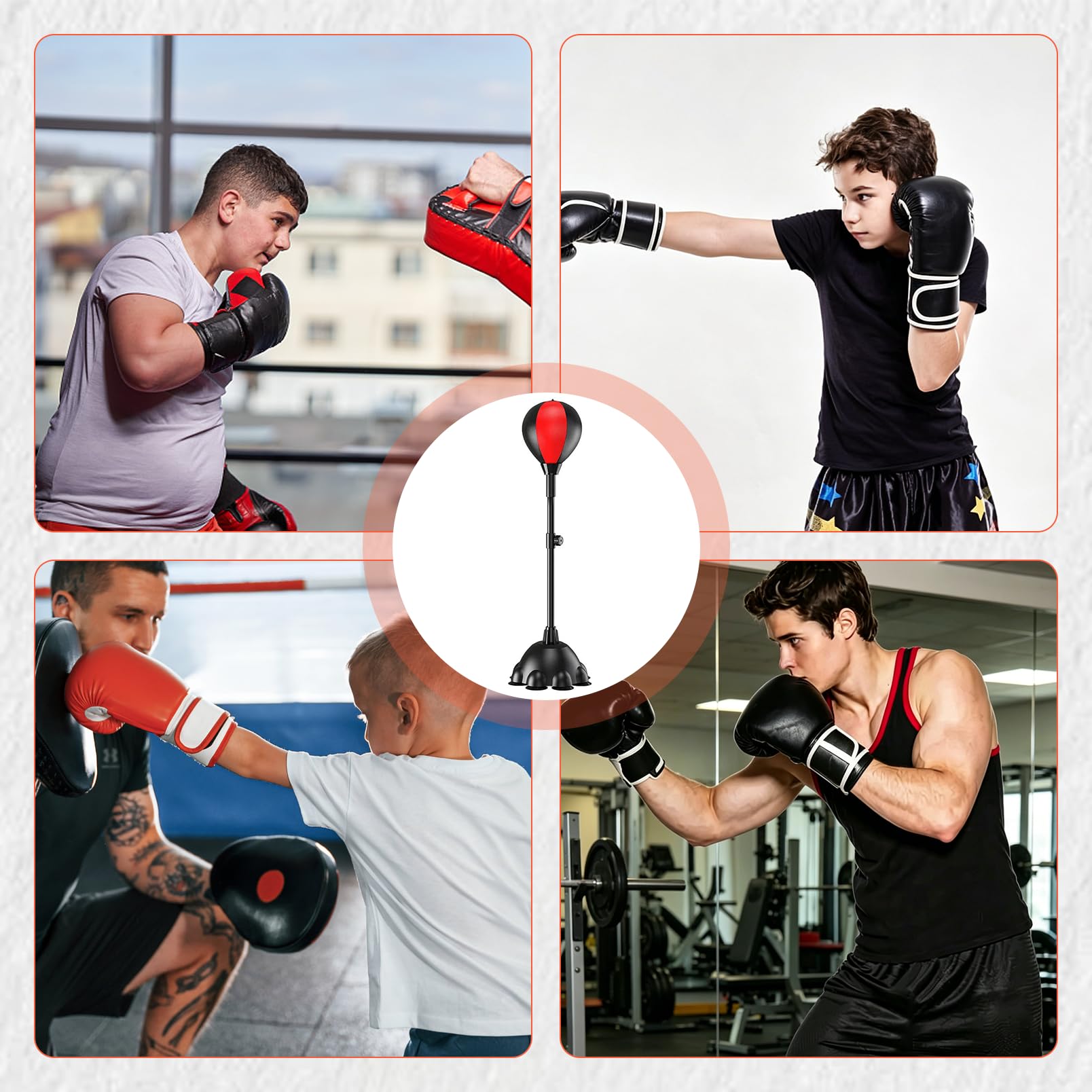 Punching Ball, Boxball Standboxsack Höhenverstellbar 110-160 cm, Boxtrainer | mit 8 Saugnapf-Basis, Reflexball für Erwachsene, Boxset mit 2 Paar Boxhandschuhen, Schutzausrüstung und Luftpumpe