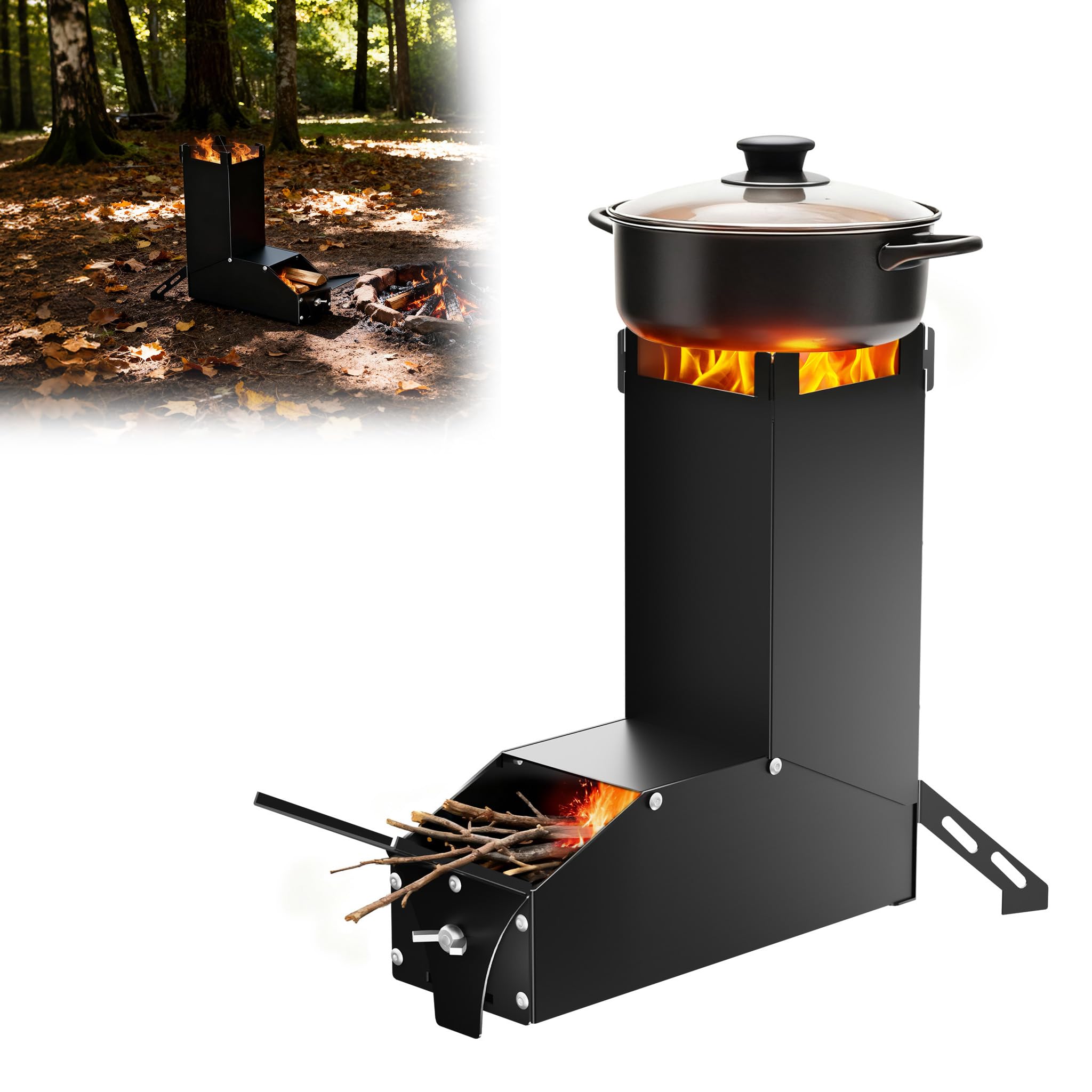YRHome Four à roquettes en acier inoxydable - Cheminée brasero - Poêle de camping portable en bois, poêle de camping avec sac, réchaud de camping et poêle de terrasse, barbecue de camping pour