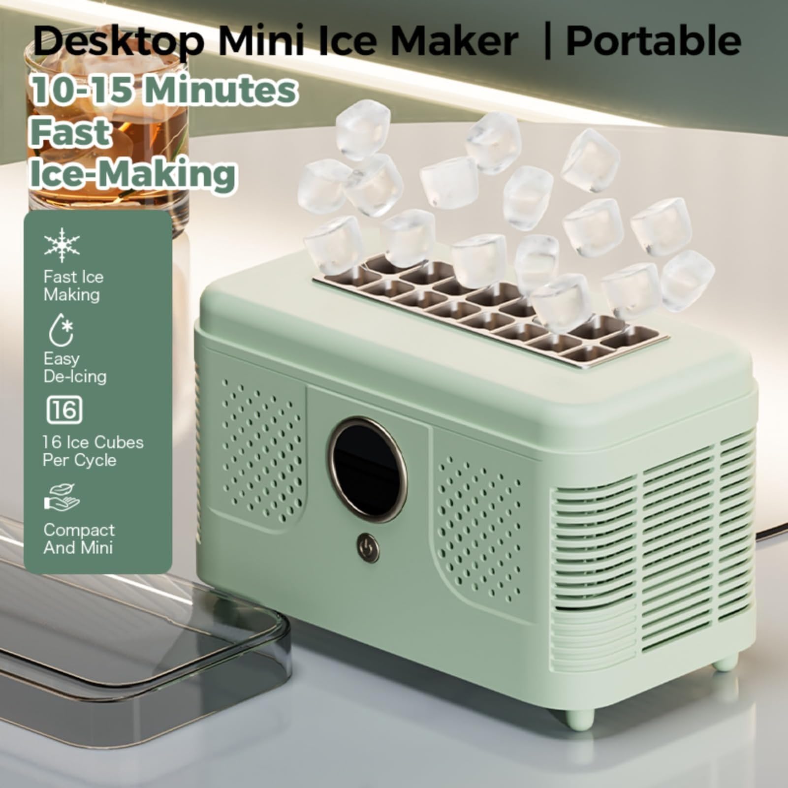 Genérico Máquina for Hacer Hielo portátil, Mini máquina for Hacer Hielo portátil for encimera, Máquina for Hacer Hielo rápida de 20 Minutos, Encimera for fabricar Hielo(White,16 Squares)