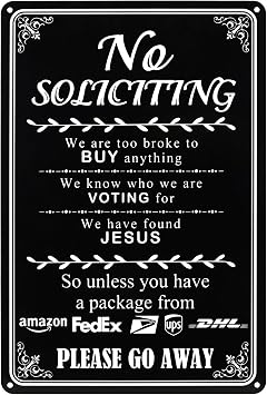 Funny No Soliciting Sign for House Front Door, Metal Rustproof Sign, Humorous "We have found Jesus" Door Sign with Double Sided Foam Tape, 11.7 x 7.8 Inch