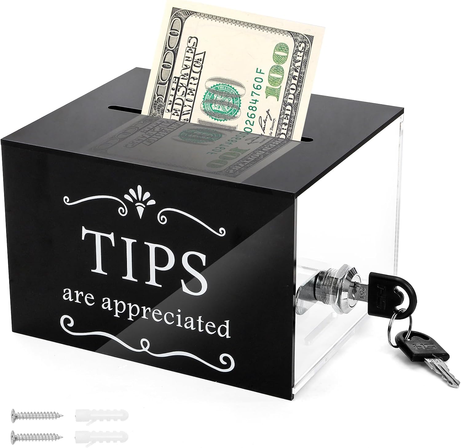 ZEAYEA Tip Jar for Money, 6 x 4 x 5 Inch Acrylic Tip Collection Box with Lock, Wall-Mounted Donation Suggestion Box, Raffle Cash Money Storage Container for Bartender Bar Restaurant Musicians Driver