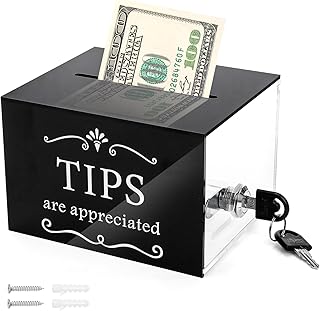 ZEAYEA Tip Jar for Money, 6 x 4 x 5 Inch Acrylic Tip Collection Box with Lock, Wall-Mounted Donation Suggestion Box, Raffle Cash Money Storage Container for Bartender Bar Restaurant Musicians Driver